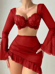 Seduluxe Set de 3 piese: Camizol cu mânecă lungă, plasă contrastantă, sexy, cu volane, cu tiv, tip tanga și armătură, pentru ieșiri în oraș