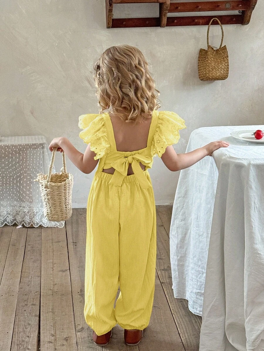 SHEIN X Scheana LMoss Kids Young Girl Woven Solid Color Ruffle Jumpsuit - Yellow - View 1