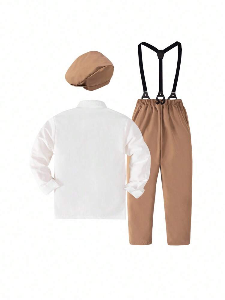 Tween Boy 3-Piece Formal Outfit Set: Solid Color Shirt, Shorts With Suspenders & Bow Tie, & Fashionable For Birthday Party, Ceremony, Wedding, Wedding Guest, Pageboy, Ring Bearer, School, Campus, College