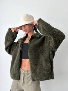 EURMUSE Women's Drop-shoulder Teddy Regular Coat - Khaki - View 5