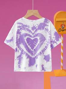 Nick 90s | SHEIN Young Girl Cute Cartoon Figure Graphic Purple Tie-Dye Heart Print Round Neck Loose Knit Short Sleeve T-Shirt - Multicolor - View 2