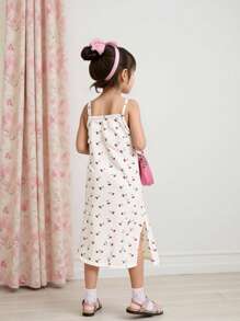 SHEIN Leap Crew 可爱迷你奶油色和樱桃印花针织吊带背心裙，适合年轻女孩的休闲时尚，适合夏季 - 彩色 - 查看 2