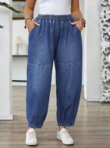 EMERY ROSE Plus Size Women Elastic Waist Pockets Tapered Casual Jeans,Fall Clothes For Women - Medium Wash - View 6