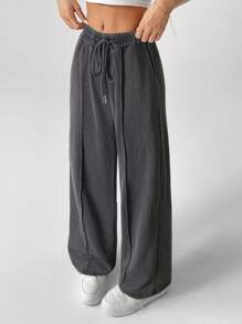 SHEIN PETITE Snow-Washed Women's Drawstring Wide Leg Sweatpants Baggy - Dark Grey - View 3
