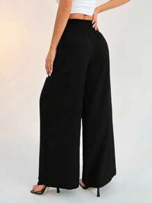 SHEIN PETITE Women's Casual Vacation Waistband Blue Wide Leg Pants - Black - View 2
