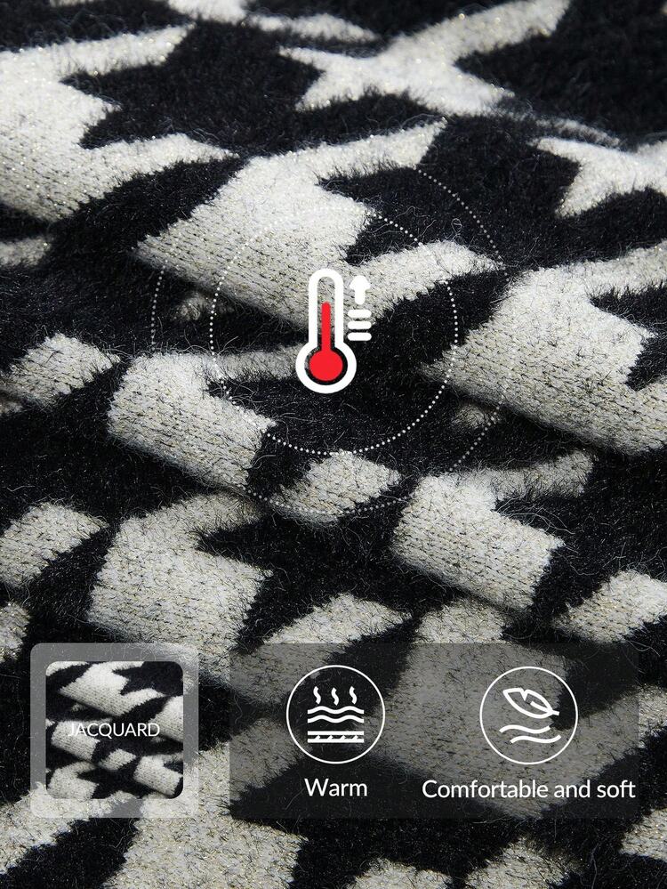 Classic Plaid Design Black & White Soft & Comfortable Knitted Women Shawl, Suitable For Autumn, Fall, Winter, Going Out, Elegant, Formal, Party, Chic, New Year, Christmas, Graduation, Wedding