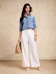 House of One 女士浅色水洗休闲长袖宽松牛仔衬衫上衣春秋季度假牛仔衬衫女式牛仔衬衫女式牛仔衬衫 - 淺色水洗藍 - 查看 1