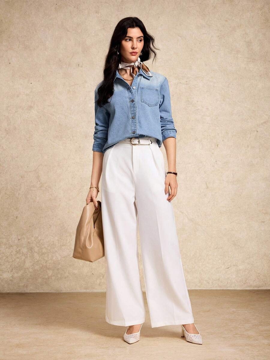 House of One 女士浅色水洗休闲长袖宽松牛仔衬衫上衣春秋季度假牛仔衬衫女式牛仔衬衫女式牛仔衬衫 - 淺色水洗藍 - 查看 1