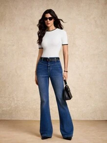 House of One Round Neck Contrasted Black Binding Short Sleeves White Top Women Casual Elegant Spring Autumn Fall Outfits Business Professional Women Business Casual Woman