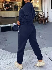 INAWLY 2pcs Plus Size Letter Printed Crew Neck Long Sleeve Top And Pants Set - Navy Blue - View 2