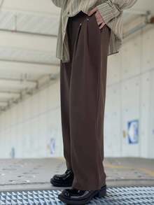 ROMWE MEN Street Life Celana Kasual Pria Polos Lipit Lurus Longgar - Coffee Brown - View 3