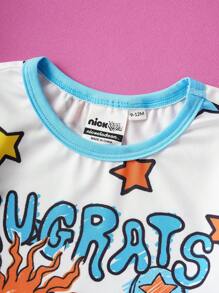 Nick 90s | SHEIN Baby Boy Cartoon Cute Cartoon Figure Graphic & Colorful Star Print Blue & White Contrast Long Sleeve Jumpsuit, Suitable For Autumn/Winter Fall