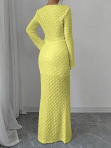 Selianne 2pcs Set: Textured Solid Color Long Sleeve Top And Skirt Fall Cloth For Women - Light Yellow - View 2