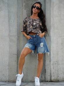 SAYEHFBABY Women's Camo Print Knit Short Sleeve Cropped Top - Multicolor - View 6