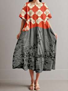 SHEIN LUNE 加大码花卉印花圆领口袋春季连衣裙，常规女士夏季休闲连衣裙 - 彩色 - 查看 4