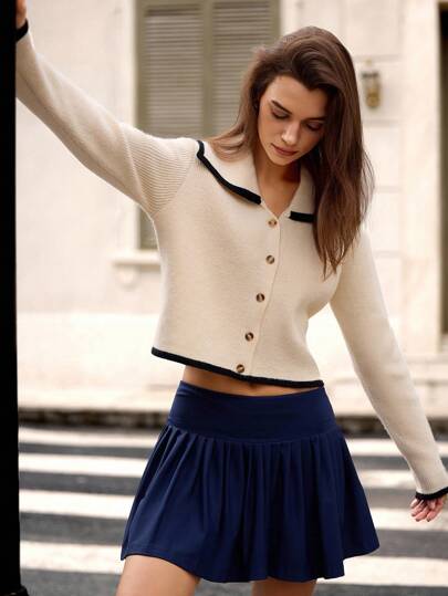 Hanevo 女式撞色长袖单排扣休闲针织开衫