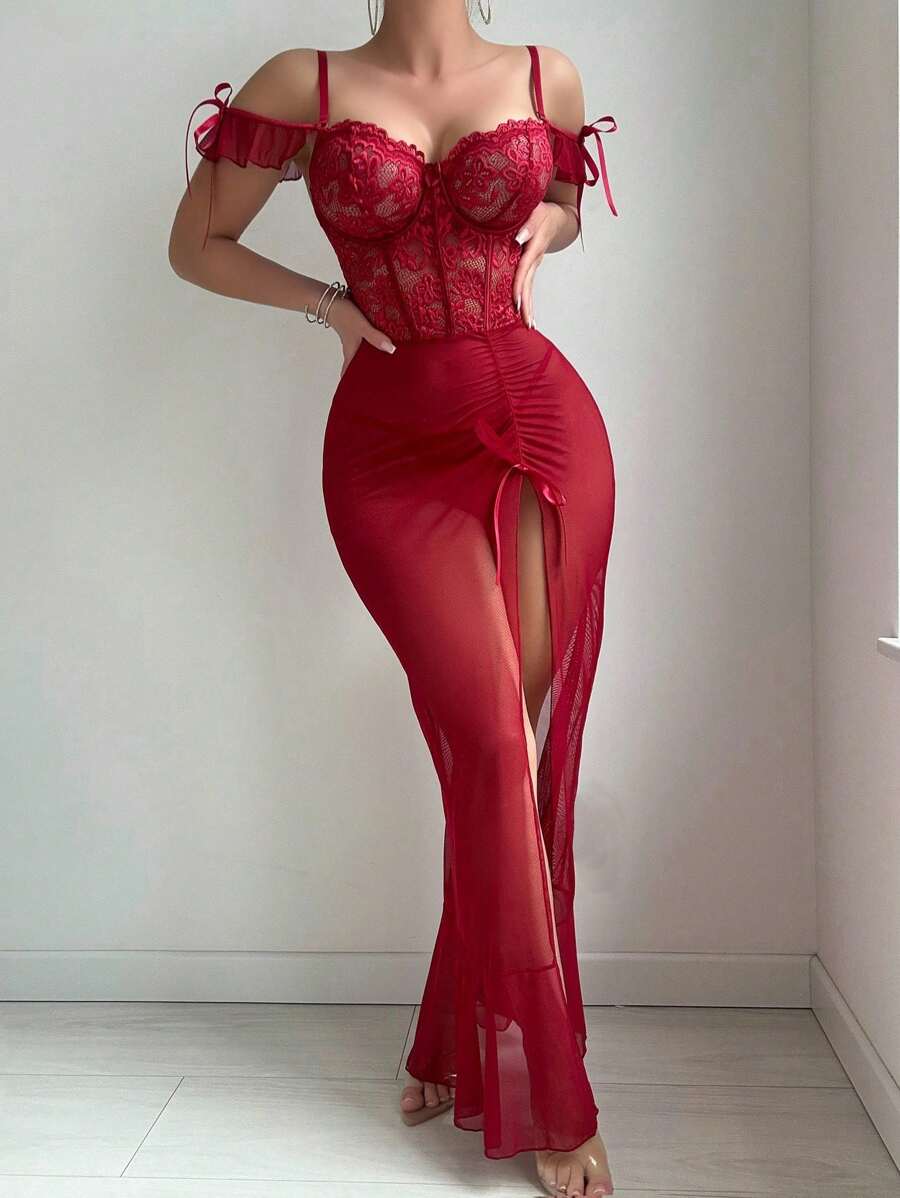 SHEIN 2pcs Lace Contrast Mesh Ruffle Hem Slit Steel Hoop Long Skirt Sleepwear+Thong Set - Burgundy - View 1