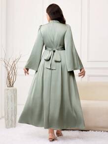 Modelyn Plus Size Women's Solid Color Stand Collar Flare Sleeve Ruched Elegant Dress - Green - View 6