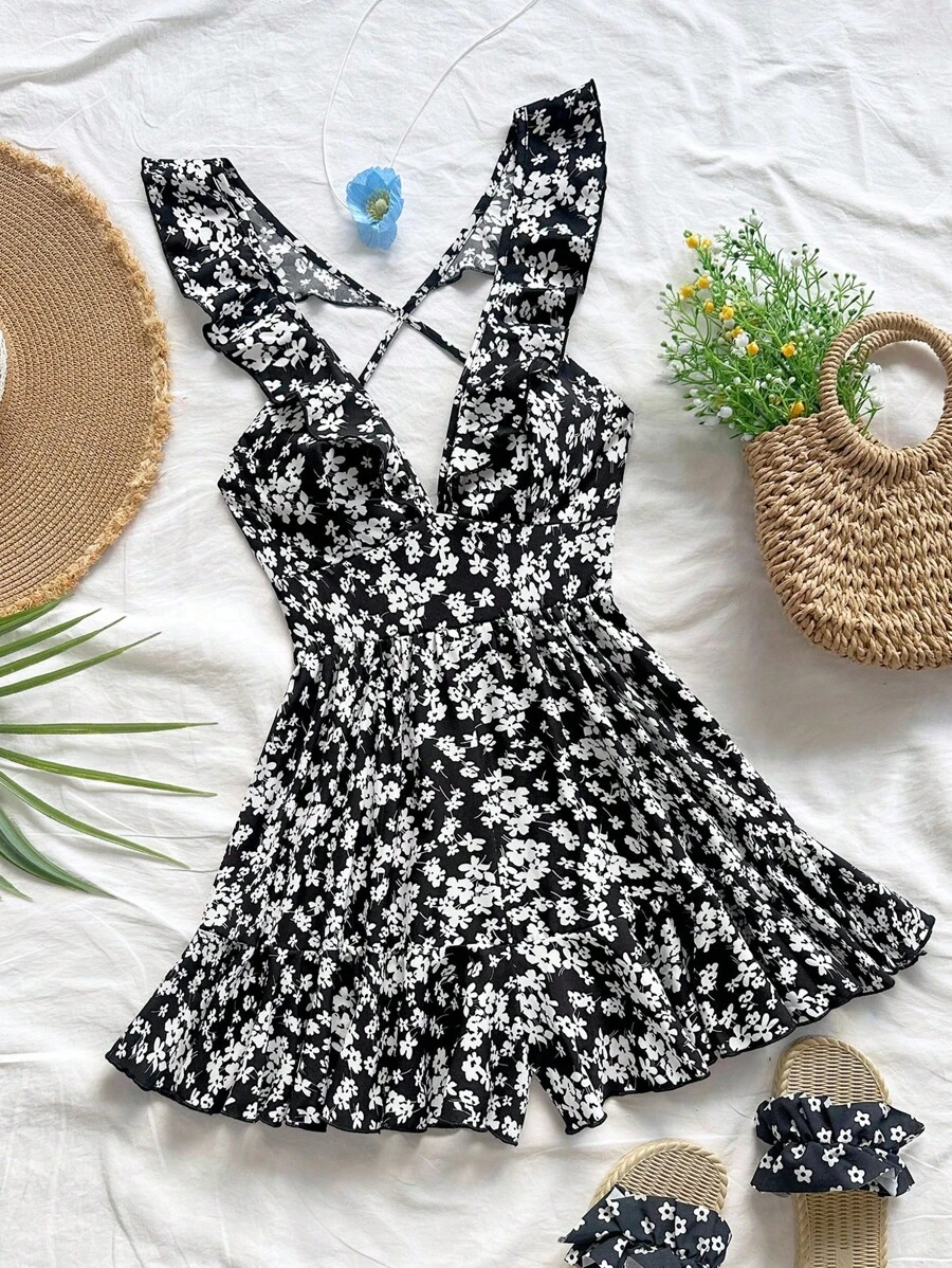 Soleia Mono con estampado floral ribete con fruncido - Negro - Ver 1