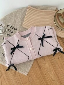 SHEIN Young Girl Geometric Pattern Bow Front Cardigan,In Fall/Winter