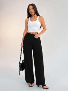 SHEIN PETITE Women's Casual Vacation Waistband Blue Wide Leg Pants - Black - View 3