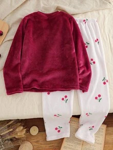 Genkimix Kids 女童时尚纯色毛绒柔软面料+樱桃印花宽松休闲裤套装 - 彩色 - 查看 2