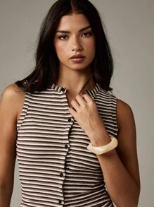 MISSGUIDED 复古条纹纽扣套装罗纹无袖夏季高腰两件套春假周末休闲度假装 - 巧克力棕 - 查看 4