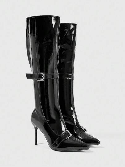 Grunge Punk Women's Pointed Toe High Heel Strap Decor Black PU Glossy Material Fashion Comfortable Daily Party Nightclub Side Zipper Boots