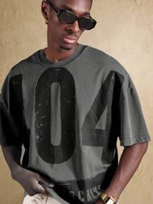 SUMWON Urban Aesthetic Distressed Effect Oversized T-Shirt Streetwear Graphic Print Design Number Art Casual Hip Hop Festival Summer Cool - Dark Grey - View 4