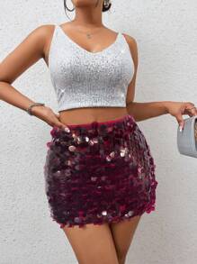 BamGleam Sequin Mini Bodycon Skirt For New Year Holiday Party Clothes - Burgundy - View 3