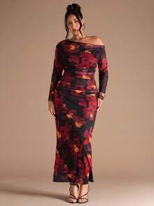 SHEIN BAE Plus Size Fall Elegant Sexy Women All Over Large Floral Mesh Print Asymmetrical Off The Shoulder Long Sleeve T-Shirt And Long Skirt Ladies Two Pieces Fairy Core Suit - Red - View 1