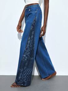 Maija Jeans de pierna ancha con estampado de patchwork de moda casual para mujer