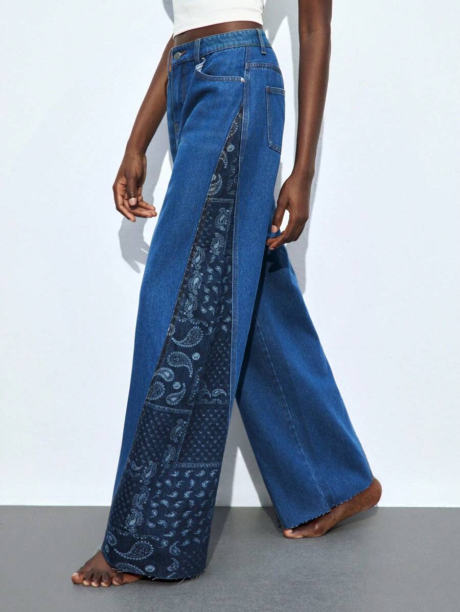 Maija Jeans de pierna ancha con estampado de patchwork de moda casual para mujer