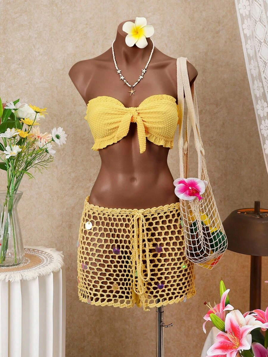 SHEIN Swim 女款夏季新款純色鉤編串珠鏤空海灘度假綁帶遮陽短褲 - 黃色 - 查看 1