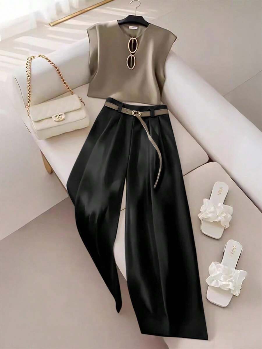 GlowEve Quần ống rộng trơn màu đa năng thường ngày dành cho nữ - màu đen - Xem 1
