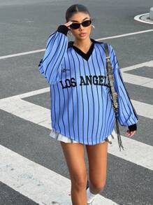 SHEIN EZwear Knitted Long Sleeve Streetwear Plus Size Pullover With Side Stripes And Blue Accents Blue And Black Jersey Long Sleeve Jersey Y2k Jersey Oversized Jersey Striped Jersey Winter Fall Autumn