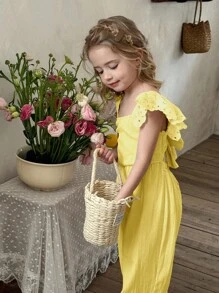 SHEIN X Scheana LMoss Kids Young Girl Woven Solid Color Ruffle Jumpsuit - Yellow - View 8