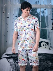 CoupledUp 卡通万圣节元素印花仿丝男士睡衣套装 - 白色 - 查看 5