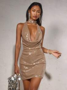 SHEIN BAE Váy mini hở lưng đính sequin màu nude dây mảnh cho nữ, Đầm dự tiệc thanh lịch, Mùa hè - màu nâu - Xem 5