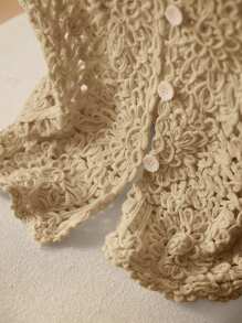 Elaquor 大码休闲纯色镂空针织背心 - 卡其色 - 查看 6