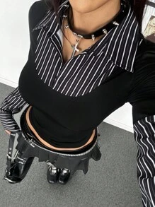 StreetHx Áo sơ mi sọc dài tay dành cho nữ, phong cách Punk, mặc hàng ngày - Đen và trắng - Xem 6