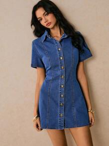Poéselle 女士牛仔连衣裙金属纽扣装饰腰部连衣裙女士连衣裙蓝色衬衫连衣裙女士纯色前扣休闲短袖牛仔连衣裙夏季女装夏季连衣裙波西米亚风夏装夏季女装牛仔连衣裙 Y2k 乡村音乐会服装节日服装 - 中等水洗藍 - 查看 2