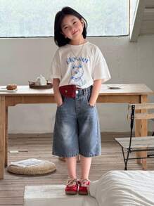 Girls' New Washed Loose Straight Leg Casual Denim Capri Pants, Simple And Versatile Design Suitable For Daily Wear Fall Winter - Dark Wash - View 6