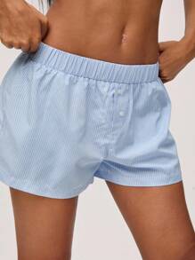 SHEIN BASICS 女式輕藍色編織細條紋寬鬆盒型褲，低腰設計 - 淺藍色 - 查看 5