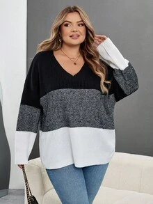 SHEIN CURVE+ Maglione oversize in stile patchwork, abbinamento di colori nero, grigio e bianco, adatto per l'autunno e l'inverno - Multicolore - Visualizzare 5