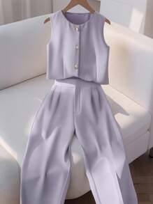 Franclia 2pcs Set Light Color Round Neck Sleeveless Pleated Elegant Minimalist Jumpsuit - Dusty Purple - View 1