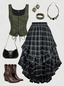 SHEIN MOD Plus Size Vintage Green Plaid Asymmetric Hem Ruffle Hem Skirt Plaid Skirt Women Ruffle Skirt Asymmetrical Skirt. Skirt For Autumn/Winter.Halloween Outfits - Multicolor - View 1