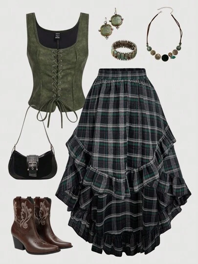 SHEIN MOD Plus Size Vintage Green Plaid Asymmetric Hem Ruffle Hem Skirt Plaid Skirt Women Ruffle Skirt Asymmetrical Skirt. Skirt For Autumn/Winter.Halloween Outfits