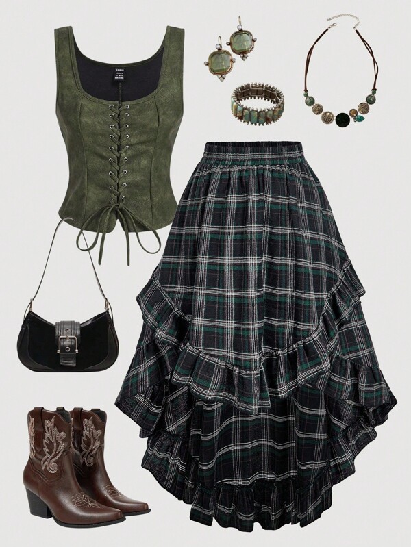 SHEIN MOD Große Größen Vintage Grün Karierter Asymmetrischer Saum Rüschenrock Karierter Rock Damen Rüschenrock Asymmetrischer Rock. Rock für Herbst/Winter.