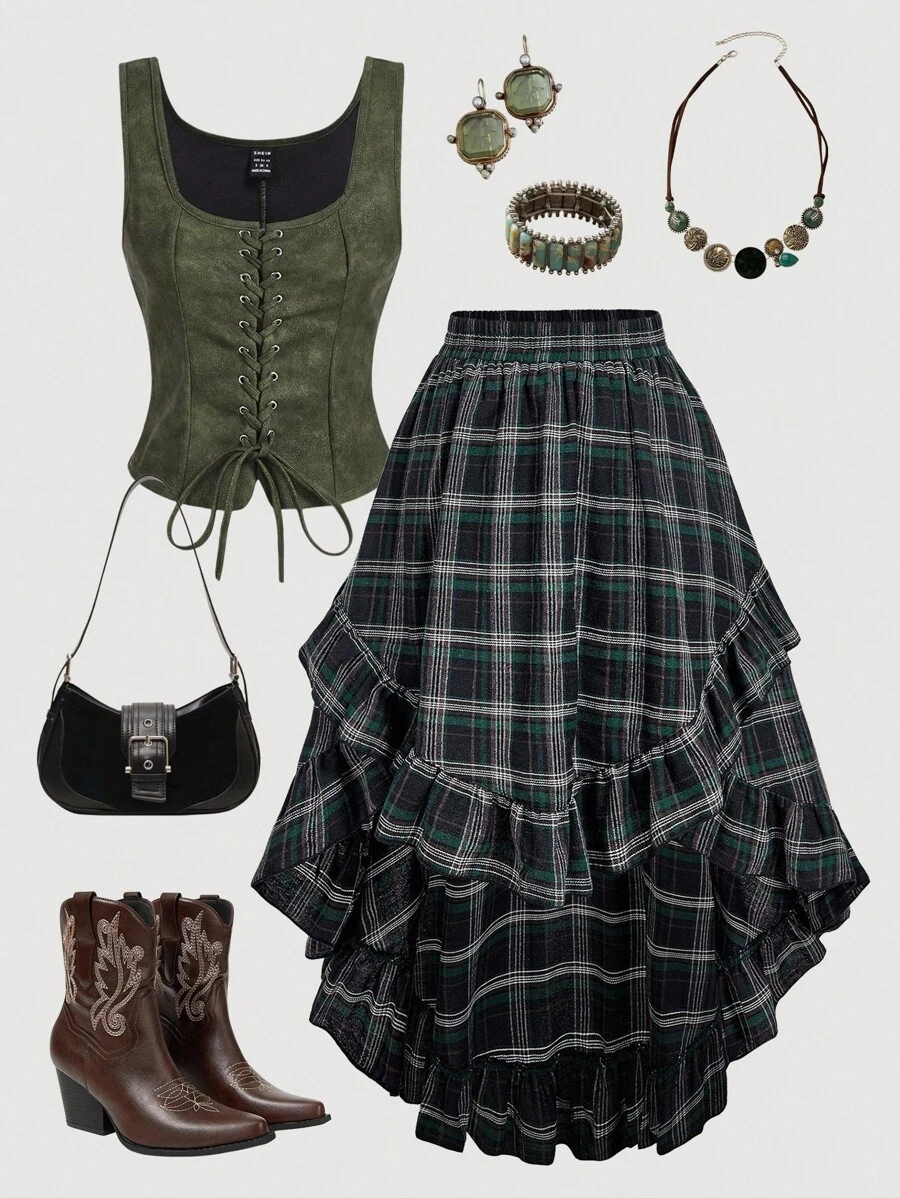 SHEIN MOD Plus Size Vintage Green Plaid Asymmetric Hem Ruffle Hem Skirt Plaid Skirt Women Ruffle Skirt Asymmetrical Skirt. Skirt For Autumn/Winter.Halloween Outfits - Multicolor - View 1